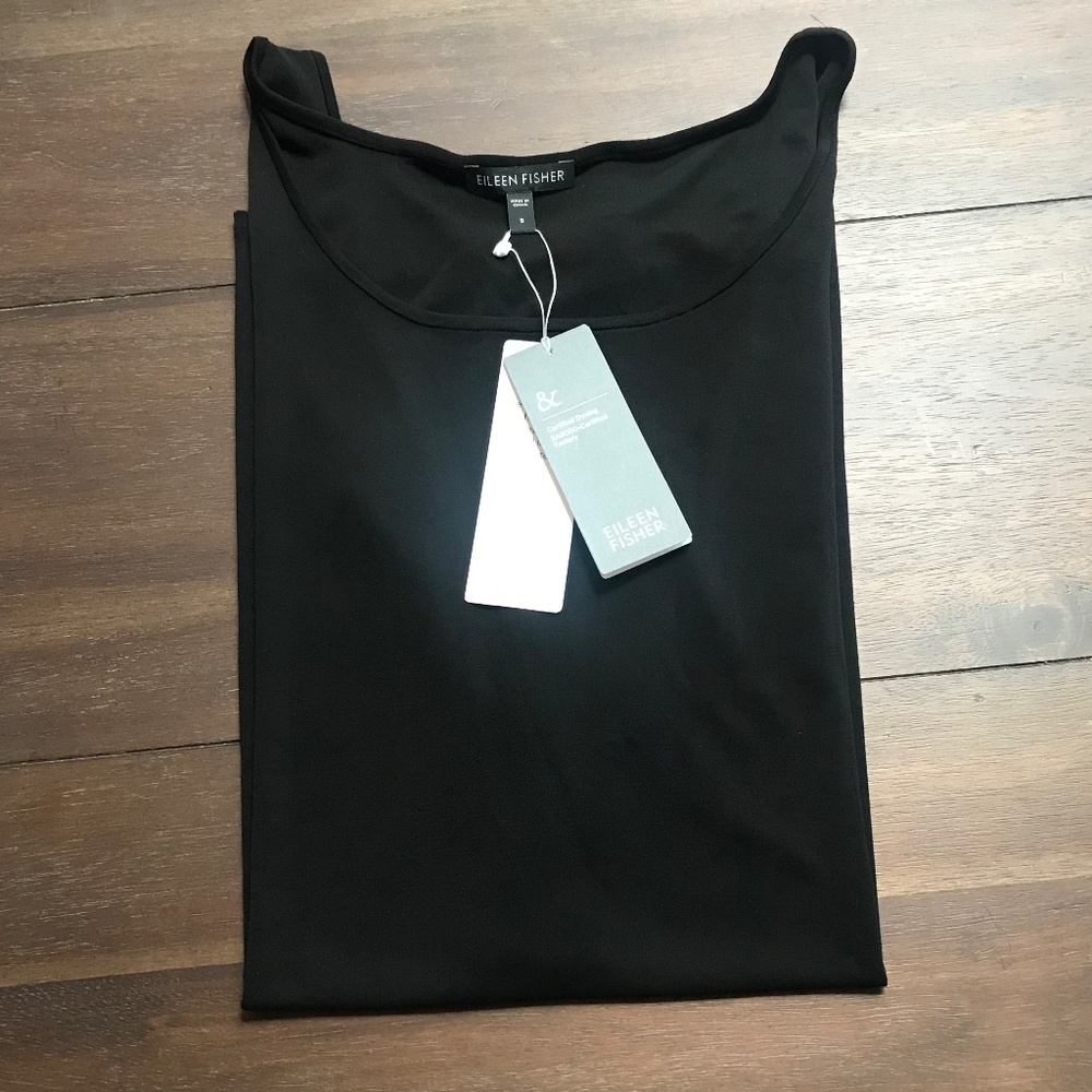 Eileen Fisher Black Stretch Silk Jersey Scoopneck Long Tank Top Tunic, Size S